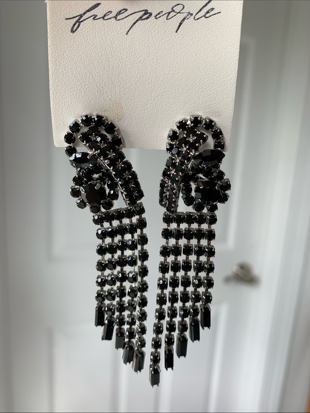 Free People Black Cascade Crystal Fringe Earrings